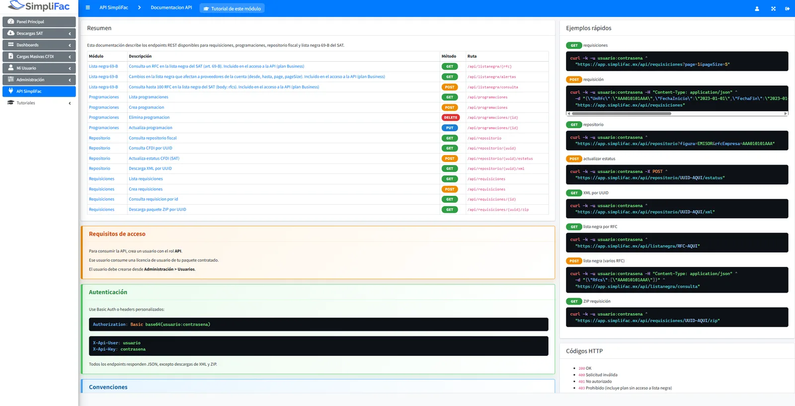 Documentación de la API REST de SimpliFac